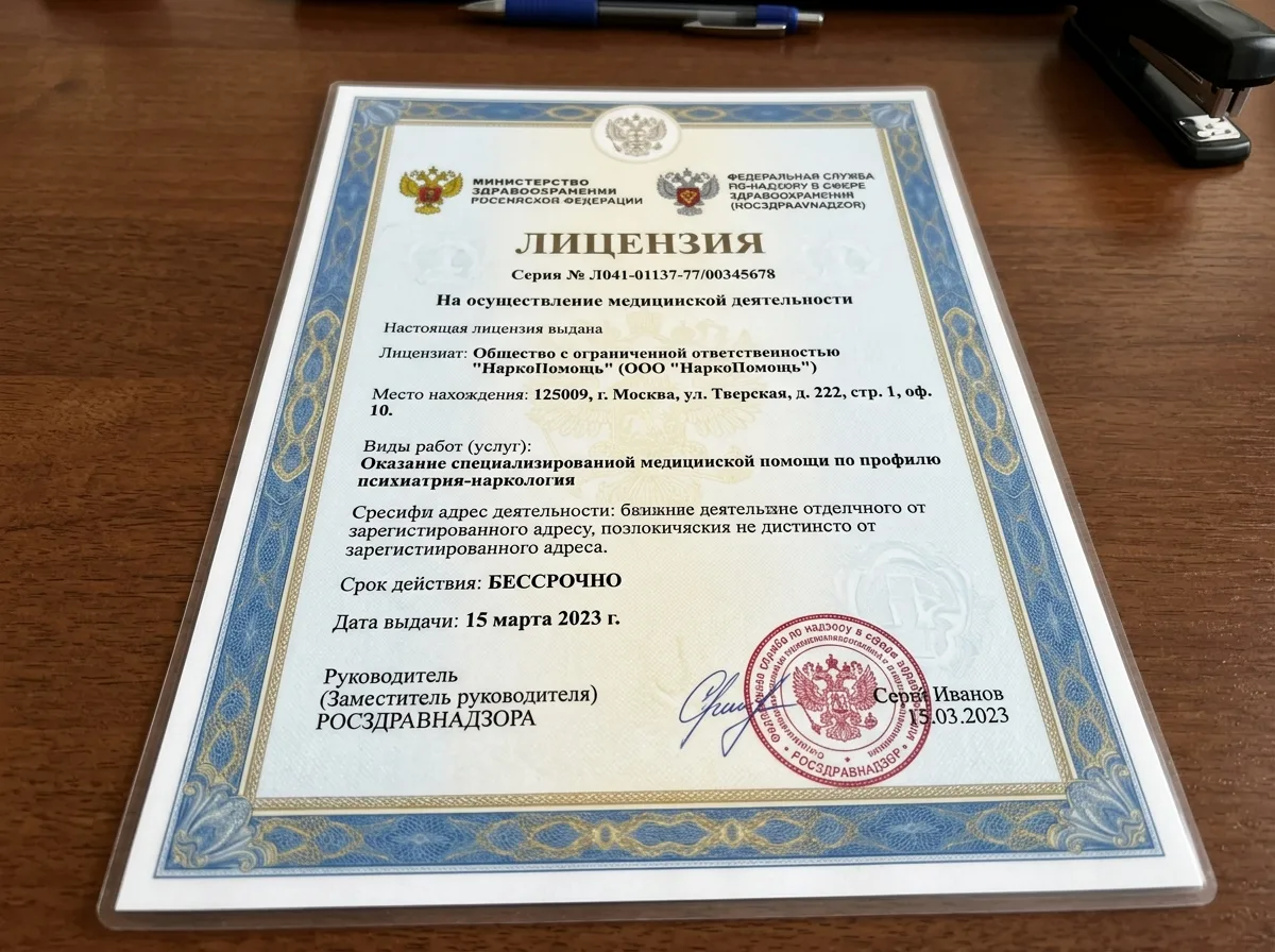 Медицинская лицензия ООО НаркоПомощь Москва, официальный документ Росздравнадзора на осуществление медицинской деятельности
