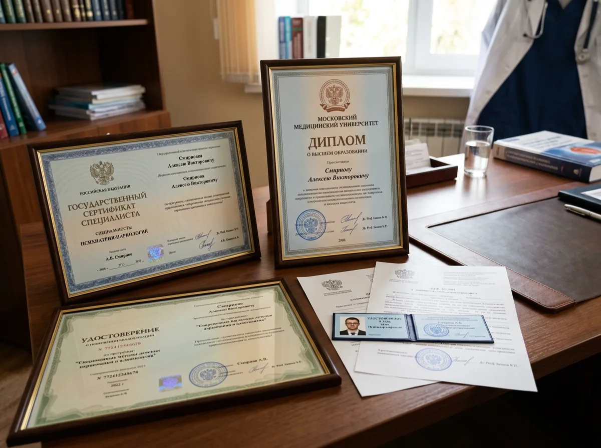 Сертификаты специалистов наркологов, медицинские дипломы и удостоверения о повышении квалификации